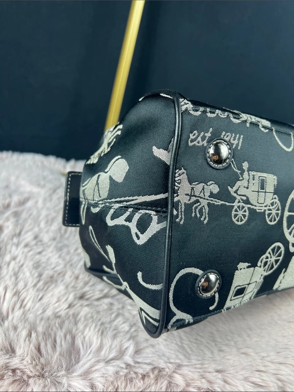 Coach Horse & Carriage Jacquard Satchel Black Leather Handbag F14481 EUC